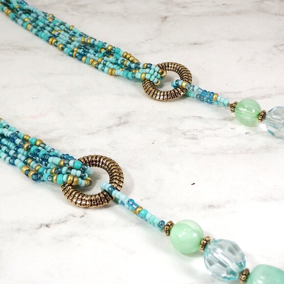 Long turquoise color bead necklace with acrylic, seed beads, and silver beads - Picture 8 of 10